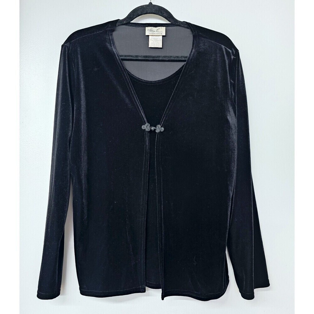 Vintage Kathie Lee Velvet Black Cardigan And Top Long Sleeve One Rose Button